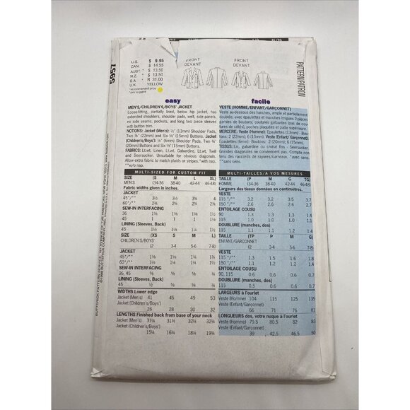 Butterick Father & Son Pattern 5957 Jacket All Sizes Boys 2-8 Men 30-48 Uncut - Picture 2 of 2